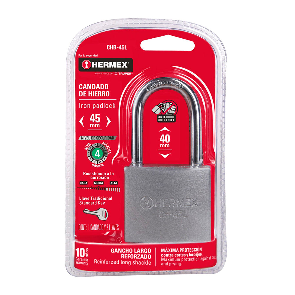 Candado Hierro 45 Mm Gancho Largo Hermex 43327 | Plomosa