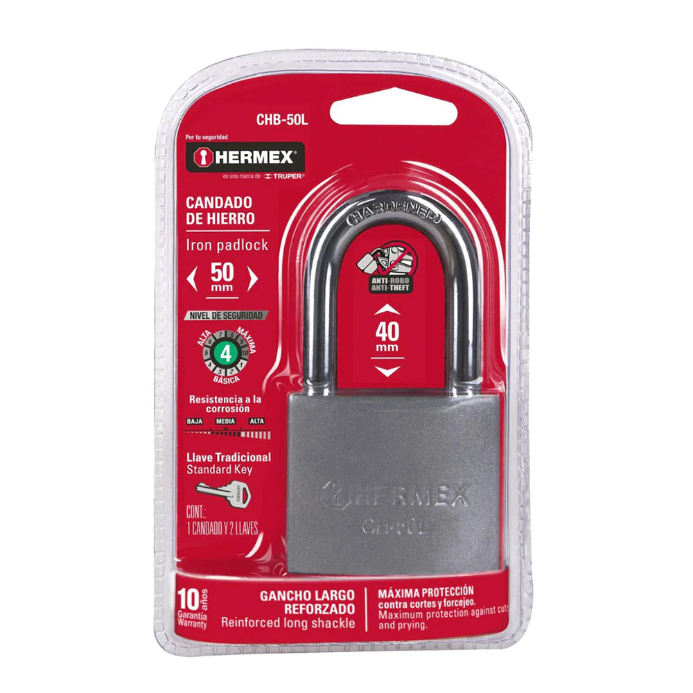 Candado Hierro 50 Mm Gancho Largo Hermex 43328 | Plomosa